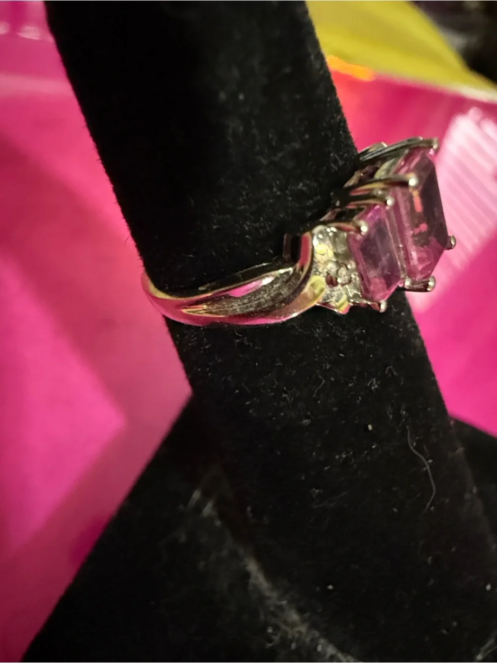 Pink lab created sapphire Three-Stone Emerald Cut Ring